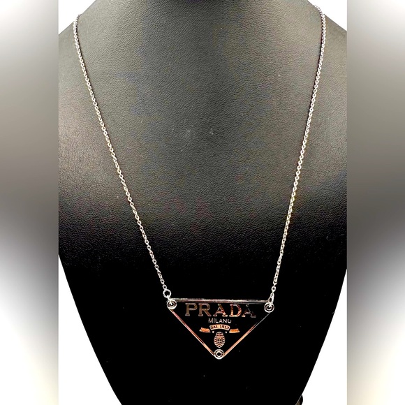 Prada Silver Triangle Pendant w/Silver Plated Necklace, Repurposed, Never Used - Picture 1 of 5